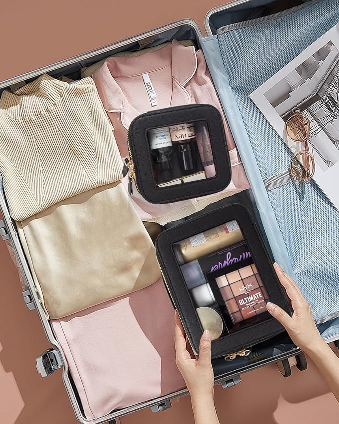 KOTORA Clear Sunscreen Makeup Bag Organizer Set,Portable Travel Toiletry Case for Women, Vegan Leather Cosmetic Pouch Beach Essentials Make Up Bag Organizer Storage Traveling (Black) - Image 5