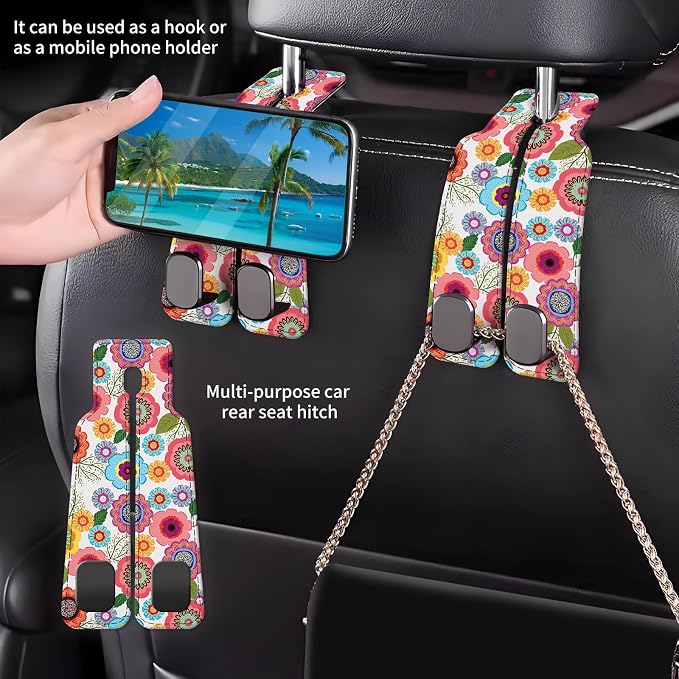 Car Seat Back Storage Headrest Hook, Premium Leather Double Metal Hook, Hanger Storage Organizer for Purse Cloth Bag, Car Interior Accessories Boho Cute Flowers - Image 2