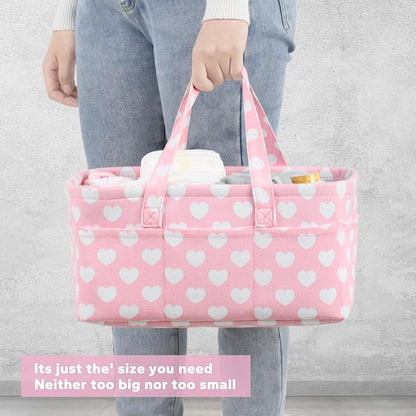 Diaper Caddy Organizer for Baby Girl-Nursery Storage Bin-Portable Car Organizer for Diapers and Baby Wipes- Baby Shower Registry Basket Newborn Must Have Tote Caddy Bag（Pink Heart） - Image 5