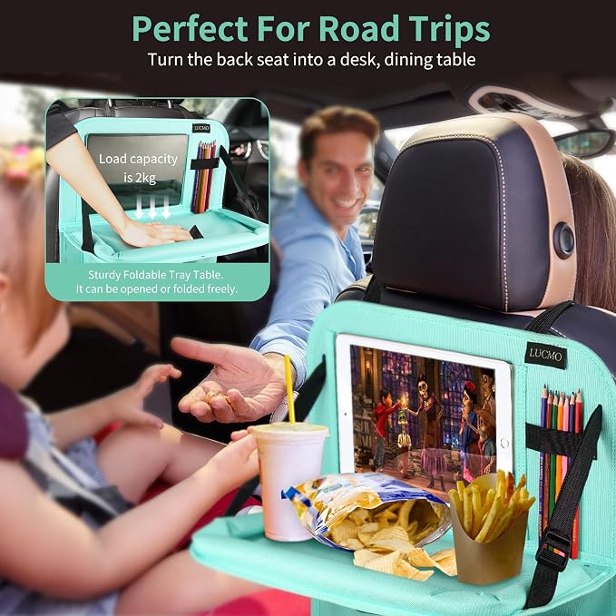 LUCMO Car Backseat Organizer with Foldable Tablet Holder, Light Blue | 2 Pcs,6 Storage Pockets,Foldable Food Tray,Protectors Kick Mats,Travel Accessories,Seat Cover,Road Trip Essentials - Image 4