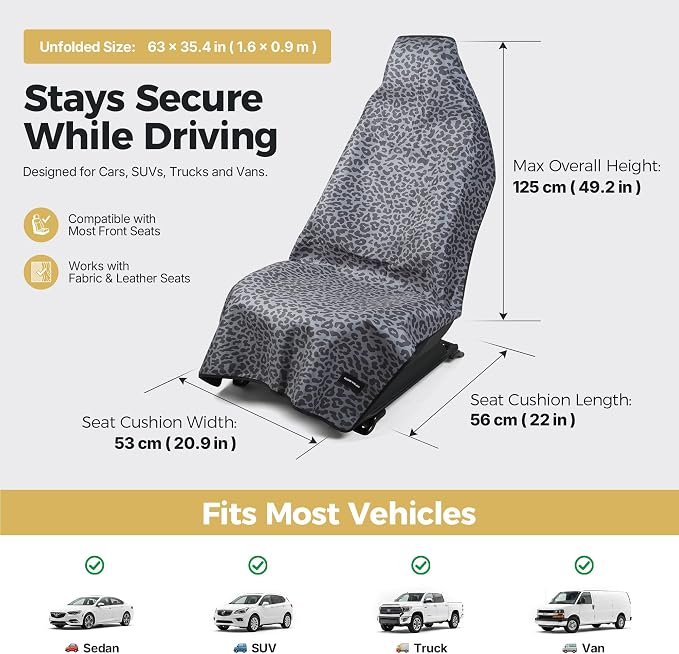Car Seat Cover Towel, Seat Cover Protector, Waterproof Sweat Towel Seats Covers for Gym, Sports, Beach, Universal Front Seats Covers for Cars, Trucks, SUVs, Leather Seats(Gray Leopard) - Image 4
