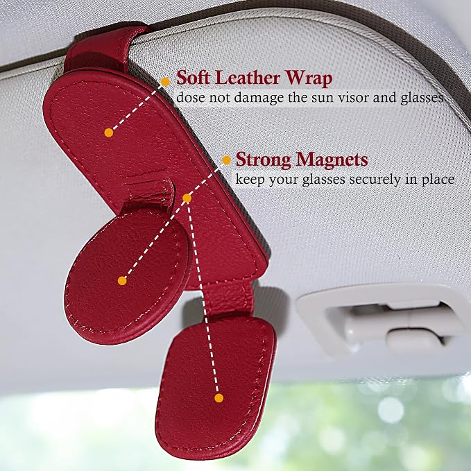 KIWEN Sunglasses Holder for Car Visor, Magnetic Leather Sunglass Eyeglass Hanger Clip for Car Sun Visor Accessories (1, Red) - Image 4