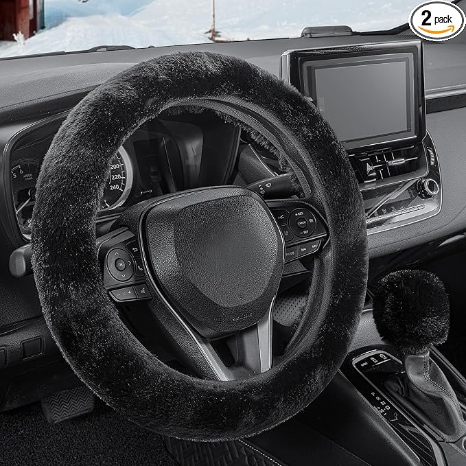SEG Direct Furry Steering Wheel Cover, Fluffy Fuzzy Gear Shift Cover Black | Gear Shift Cover, 2 PCS Set, Soft and Warm, Cute Fur Auto Car Decor, Standard Size 14.5- 15 inch for Women Men by SEGDirect