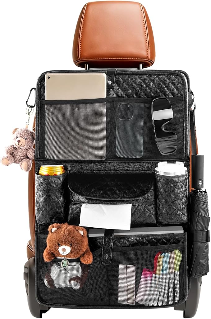Car Backseat Storage Organizer, 11 PU Leather Pockets & Foldable Table Try | Rosynee Black Kick Mats Back Seat Protector and Cup Holder, Travel Accessories Universal Use Seat Covers with Tablet Holder by Unknown