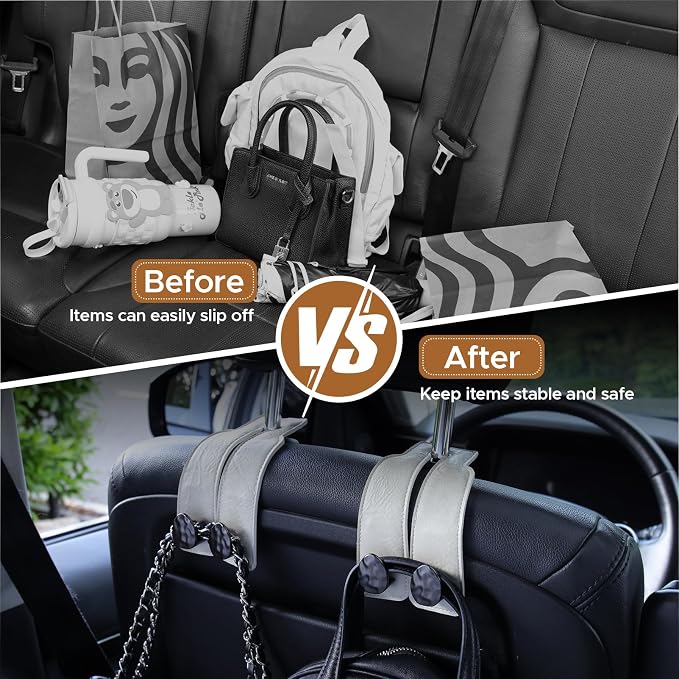Leather Car Purse Hook for Headrest, 2 Pack (White-Black) | Twin Hooks Headrest Hangers, 2/4 Pack, No-Slip, Scratch-Proof, Holds Purses, Backpacks, Grocery Bags, Car Organizer Gift - Image 5