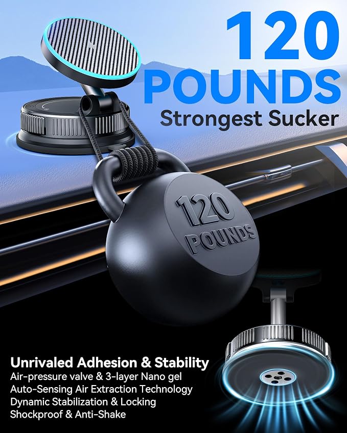 15W MagSafe Car Mount Charger, Magnetic Wireless Car Charger with Vacuum Suction Cup & Nano Adhesive Base, 360° Rotatable Strong Hold Car Phone Mount for iPhone 17 16 15 14 13 12 Series, Samsung S26 - Image 4