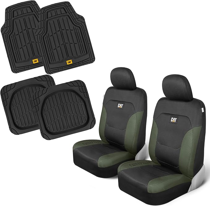 CAT Front Seat Covers for Cars (2-Pack) & 4-Piece Trim to Fit, Heavy Duty Protection, All Weather Floor Mats – Universal Fit, Waterproof Mats, Easy Install, for Trucks, SUVs, Vans, & Car Accessories by Unknown