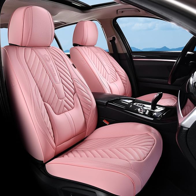 Coverado Seat Covers Front Seats, Car Seat Cover Protector with Lumbar Support, Waterproof Car Seat Cushion, Leather Seat Covers Carseat Cover Universal Fit for Most Cars，Pink by COVERADOAUTO