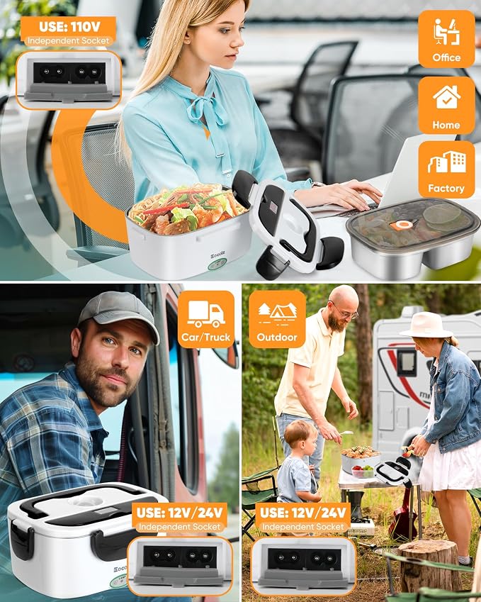 Eocolz Electric Lunch Box Food Heater 80-100W for Adults, Portable Food Warmer Heated Lunch Box for Car Truck Work with 1.5L Stainless Steel Container Fork & Spoon 12/24/110V Lonchera Eléctrica - Image 2
