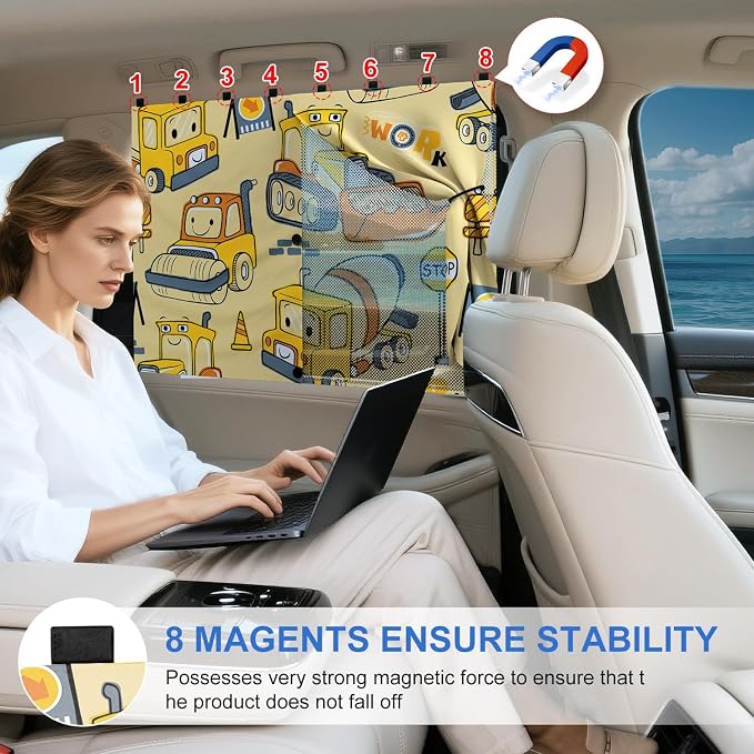 Car Window ShadesCar Window Shades, [Upgraded] 8 Strong Magnets Magnetic Side Window Sun Shade [2 Pack] - Dual Layer UV Ray Protection Car Sunshade for Baby, Kids & Pets.Construction Vehicle Cartoon - Image 5