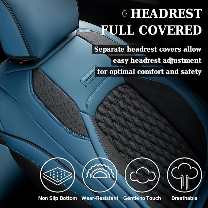 Coverado Chevy Chevrolet Silverado GMC Sierra Seat Covers, Custom Fit for 2007-2026 1500, 2015-2026 2500HD 3500HD Crew Double Extended Cab Truck, Faux Waterproof Leather Seat Covers (Front, Blue) - Image 4