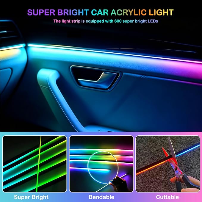 Interior Car LED Strip Lights with Wireless APP, Ambient Lighting Kits with Dynamic Dreamcolor Chasing, 16 Million Colors Acrylic LED Lights for Car, Sound Active Function Car Neon Lights (10 in 1) - Image 3