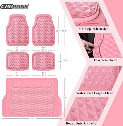CAR PASS Heavy Duty Rubber Pink Car Floor Mats & Cargo Liners, Deep Dish All-Weather Trunk Mats Durable Anti-Slip 3D Rhombus Waterproof Trim to Fit Liner Universal Fit Auto,Sedan,SUV,Truck, Pink - Image 3