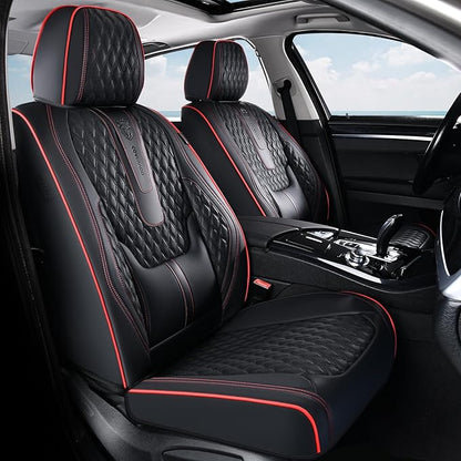 Coverado Front Seat Covers, Car Seat Covers Front Seats, Nappa Leather Seat Covers for Cars, Waterproof Seat Covers with Lumbar Support Universal Fit for Most Cars SUV Trucks (Front, Black-Red line) by COVERADOAUTO