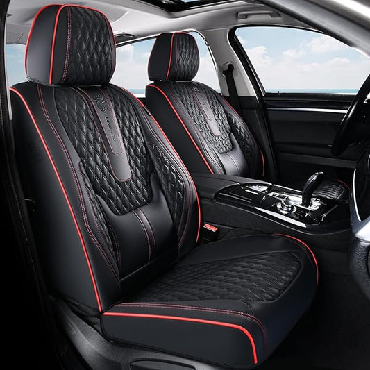 Coverado Front Seat Covers, Car Seat Covers Front Seats, Nappa Leather Seat Covers for Cars, Waterproof Seat Covers with Lumbar Support Universal Fit for Most Cars SUV Trucks (Front, Black-Red line) by COVERADOAUTO