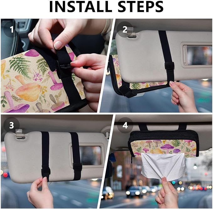 Car Tissue Holder Car Napkin Holder Car Tissue Box Dispenser Storage Case Sun Visor Mask Holder with Adjustable Straps Reusable Refillable Mushroom Colorful Pattern - Image 5