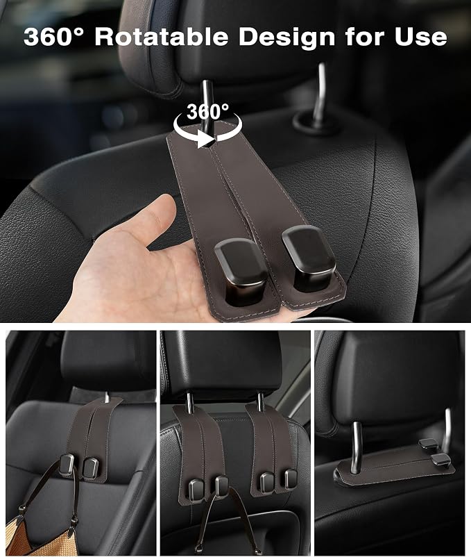 Luxurious Leather Car Purse Holder Hooks - 2PCS Multifunctional Headrest Hangers for Seat Back Storage (Brown) - Image 4