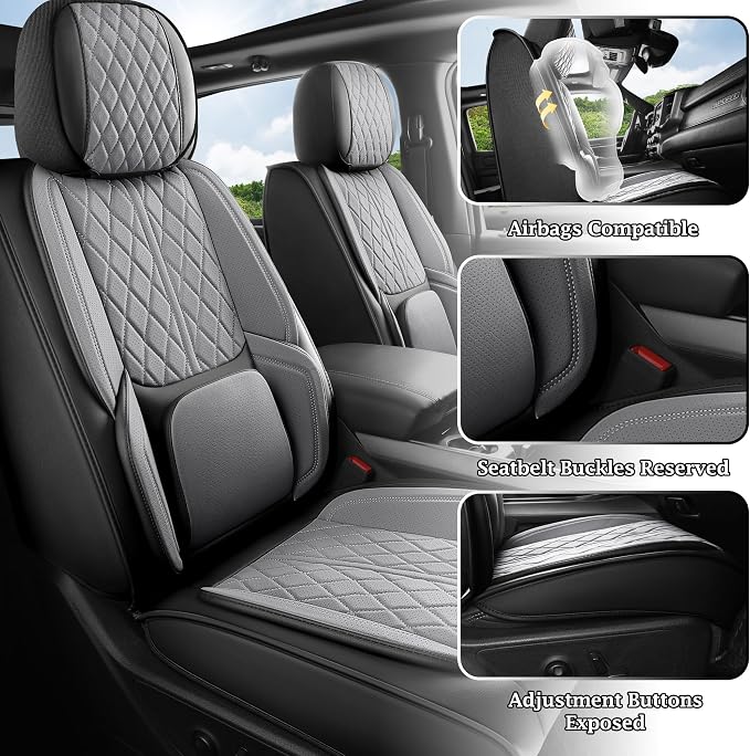 Car Seat Cover Custom Fit for Dodge Ram 1500 2500 3500 2002-202 Faux Leather Seat Cover Set Compatible with Crew Quad Regular Cab Pickup Truck Cushions (Black & Grey, Full Set, Flat Rear) - Image 3