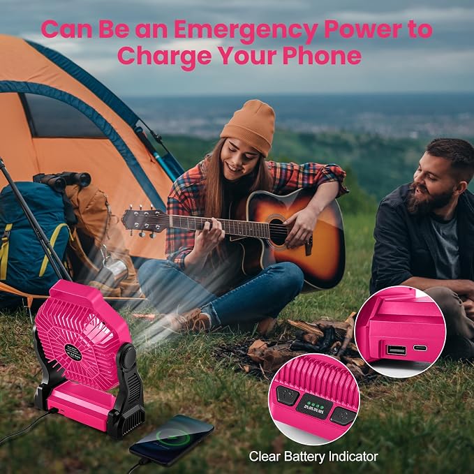 Odoland Portable Rechargeable Fan, 20000mAh Camping Fan with LED Lantern | 4-Speed Airflow & 3-Color Light Oscillating Fan with Hanging Hook for Tent Car Beach Hurricane Power Outage, Pink - Image 4
