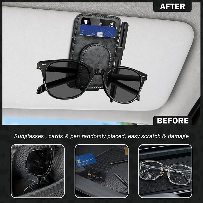 2 Pack Sunglass Holder for Car Visor Black Leopard Sunglasses Clip | Magnetic Car Sunglass Holder with 2 Card Slots & Pen Slot, Sunglass Visor Clip Car Accessories for Different Size Eyeglasses - Image 3