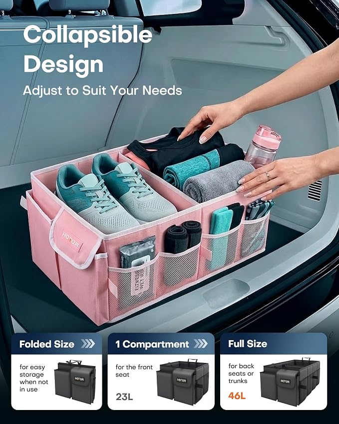 HOTOR Trunk Organizer - Foldable Car Organizer for SUVs & Sedans Storage | Sturdy Car Organization for Men & Women, Car Accessories, Tools, Sundries, Pink, 2 Compartments, 23.6" x 14.2" x 10.6" - Image 5