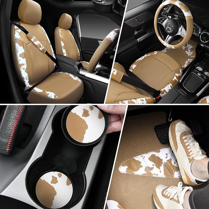 CAR PASS Cow Print Faux Leather Car Seat Covers & Cow Car Mats & Cow Steering Wheel Cover Seat Belt Pads Universal fit for SUV,Van,Saden,Truck Cute Car Accessories Automobile Interior Sets All Beige - Image 4