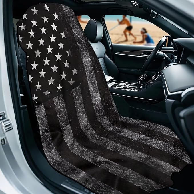 SEANATIVE Car Seat Towel Cover for Front Seats, Sweat-Absorbent Bucket Seat Cover for Gym, Running, Swimming, Beach and Hiking, Universal Fit for Cars, Trucks, SUVs, Black US Flag Print - Image 2