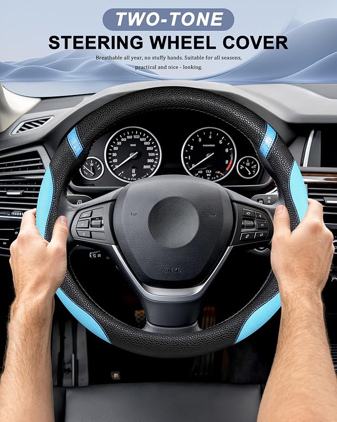 Universal Leather Steering Wheel Cover for Women Steering Wheel Cover for Car 15 inch (Blue) - Image 2
