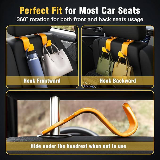 4-Pack Car Headrest Hooks Holds 55lbs Seat Storage Organizer for Bags | Durable ABS Material, 360° Rotating, Car Hanger for Backpack Umbrella Water Bottle Coat Purses Handbags Groceries, Yellow - Image 3