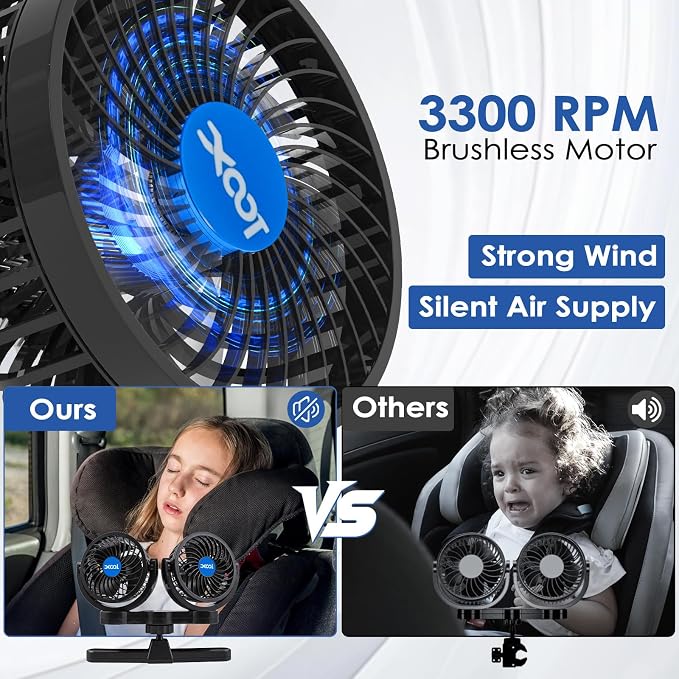 XOOL Electric Car Fans for Rear Seat Passenger Portable Fans Headrest 360 Degree Rotatable Backseat Car Fan 12V Cooling Air Fan with Stepless Speed Regulation for Vehicles, SUV, RV - Image 5