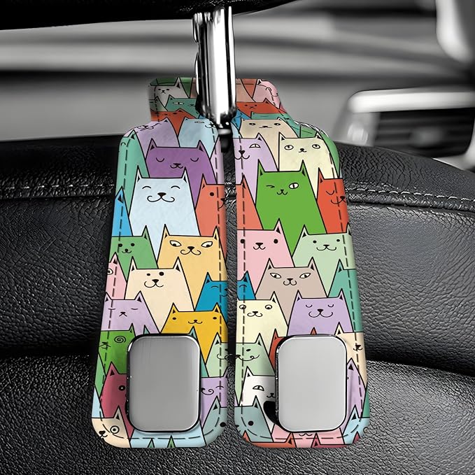 Car Seat Back Storage Headrest Hook, Premium Leather Double Metal Hook, Hanger Storage Organizer for Purse Cloth Bag, Car Interior Accessories Cute Colorful Cats - Image 6