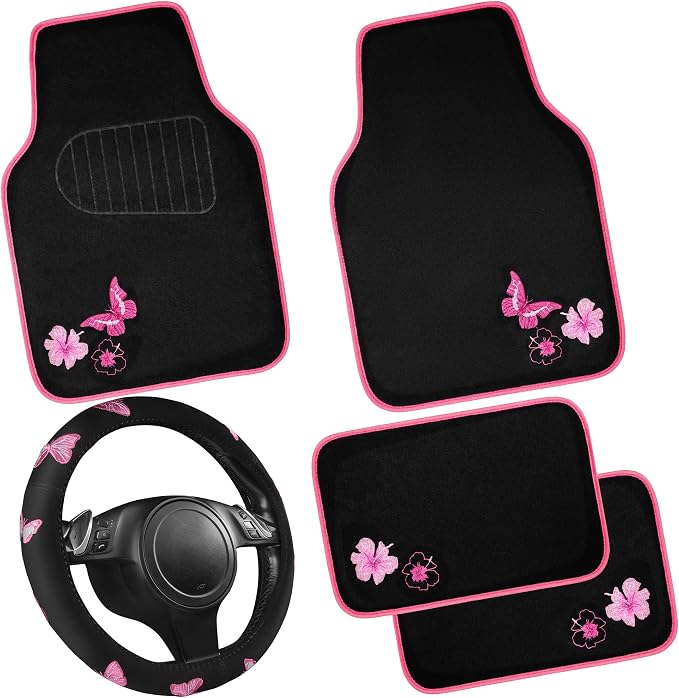 CAR PASS Embroidery Butterfly Steering Wheel Cover and Waterproof Car Floor Mats,Pink Car Mats 14.5-15inch Steering Wheel Covers Universal Fit for Cars, Suvs,Sedans,Van,for Women Girl(Black and Pink) by CARPASS
