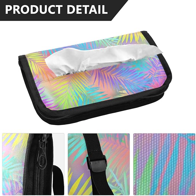 Car Tissue Holder Car Napkin Holder Tissue Box Dispenser Storage Case Sun Visor Mask Holder Accessories with Adjustable Straps Reusable Refillable Rainbow Palm Leaf Vibrant Tropical - Image 3