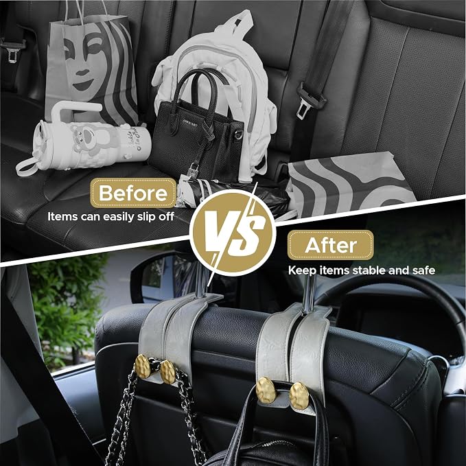 Leather Car Purse Hook for Headrest, 4 Pack (White-Gold) | Twin Hooks Headrest Hangers, 2/4 Pack, No-Slip, Scratch-Proof, Holds Purses, Backpacks, Grocery Bags, Car Organizer Gift - Image 5