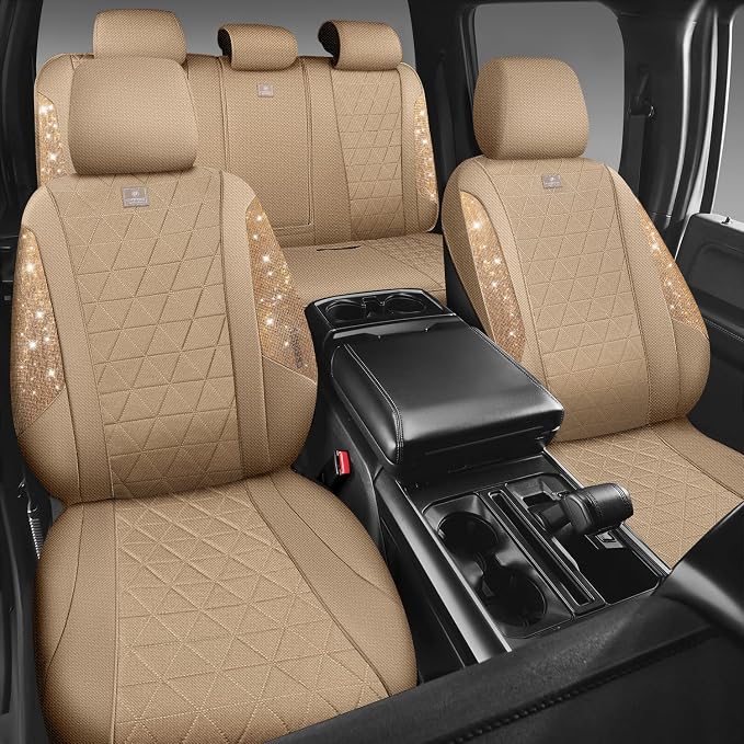 CAR PASS Beige Oxford Bling Diamond Car Seat Covers Full Set Interior Sets, Waterproof Shining Glitter Sparkly Crystal Universal Armrest Fit 95% Automotive Truck SUV Cute Women Girl, Beige Rhinestone - Image 3
