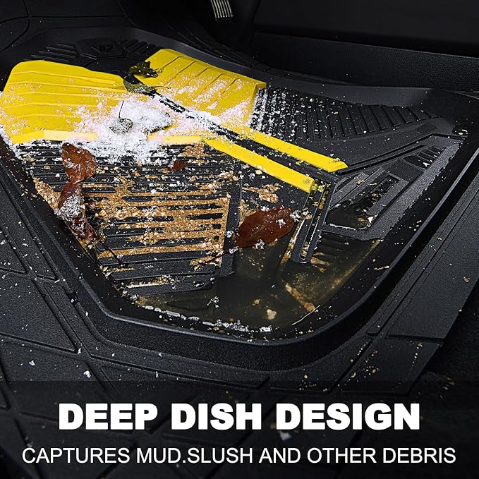 CAR PASS Heavy Duty Rubber Car Mats, Deep Dish Car Floor Mats All Weather, Car Mats Full Set 4-Piece Trim to Fit for Sedans SUVs Trucks, Waterproof Anti-Slip Automotive Mats, V12 Black and Yellow - Image 4