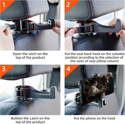 Amooca Car Seat Hooks for Purses and Bags with Phone Holder, Universal Car Headrest Storage Organizer Hanger Hook with Lock, 360° Rotation Headrest Hooks, 2 in 1 Car Headrest Hooks, 2 Pack, Red - Image 7