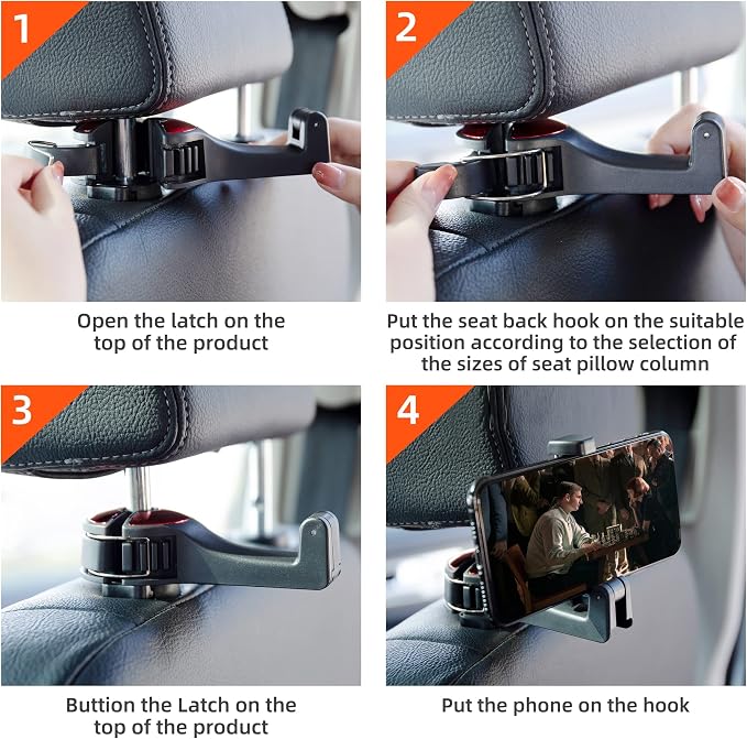 Amooca Car Seat Hooks for Purses and Bags with Phone Holder, Universal Car Headrest Storage Organizer Hanger Hook with Lock, 360° Rotation Headrest Hooks, 2 in 1 Car Headrest Hooks, 2 Pack, Blue - Image 7