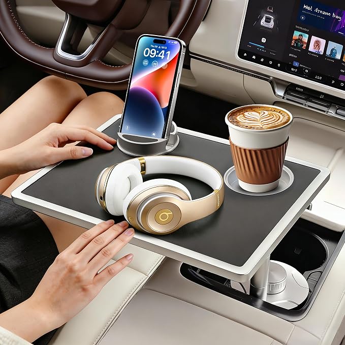 Car Desk for Laptop 360° Rotating Tesla Tray with Cup Holder Phone Stand | Adjustable Height Car Table Tray Car Accessories Compatible with Model 3/Y/S Ford Vehicles, Fits Round Cup Holder 2.28"-3.66" by Unknown