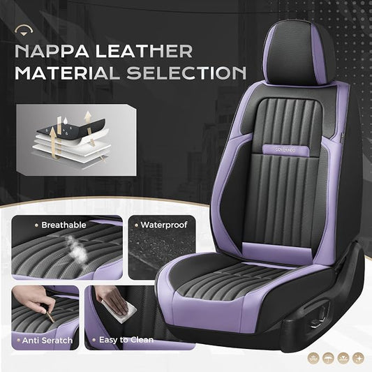 Coverado Car Seat Covers Full Set, Seat Covers for Cars, Car Seat Cover, Car Seat Protector, Leather Car Seat Cushion, Waterproof Car Seat Covers Front Seats and Back Fit for Most Cars(Purple&Black) - Image 2