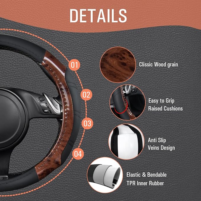 CAR PASS Wood Grain Microfiber Leather Sporty 14.5-15 inch Steering Wheel Cover Universal Fits for 95% Truck,SUV,Cars, Anti-Slip Safety Comfortable Design (Black Wood Grain) - Image 4