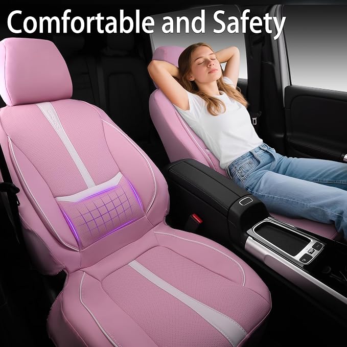 CAR PASS Nappa Leather Car Seat Covers, Cute Girly Water Resistant 3D Foam Faux Leather Seat Covers, Lumbar Support Automotive Seat Covers 2 Front Seats, Universal Fit for Cars SUV, Cute Pink White - Image 3