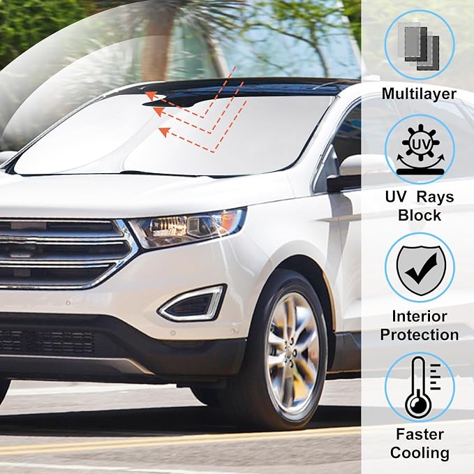 Windshield Sun Shade for 2015-2024 Ford Edge Accessories | Full covered for windshield, Foldable & Durable, Block UV Rays, Reduce Heat, Easy to install, Keep Car Cooler - Image 2