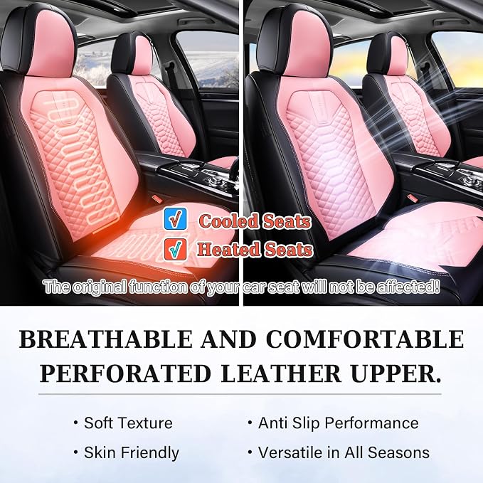 Coverado Car Seat Covers, Front Seat Cover, Waterproof Nappa Leather Seat Covers for Cars, 2 Pack Car Seat Protectors, Car Seat Cushion, Automotive Seat Covers Universal Fit for Most Cars (Black&Pink) - Image 4