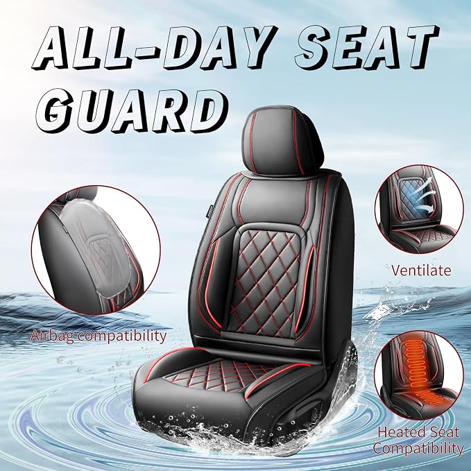 Fit Sienna Premium Leather Car Seat Covers for Toyota Sienna 2007-2025 2026 - Waterproof，Breathable，All-Weather Seat Cushion Protecto & Airbag Compatible, 2 Front Seat Red Line Black - Image 2