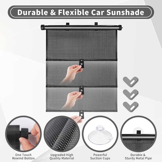 Sfee Car Window Shade for Side Windows, 4 Pack Sun Shade Retractable for Car Blocks Heat and UV Rays Glare Protection Roller Sunshade Visor for Baby, Kids, Pets, Passengers - Image 4