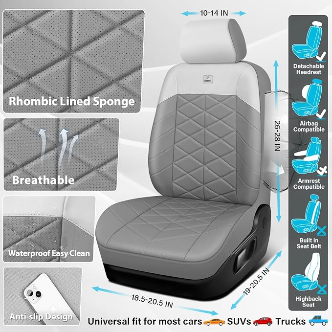 CAR PASS Memory Foam Leather Front Seat Covers, Waterproof Nappa Leather Seat Covers Front Seats Universal Fit for Cars,SUV,Truck Seat Covers Thick 3D Foam Comfortable, Airbag Compatible Gray White - Image 3