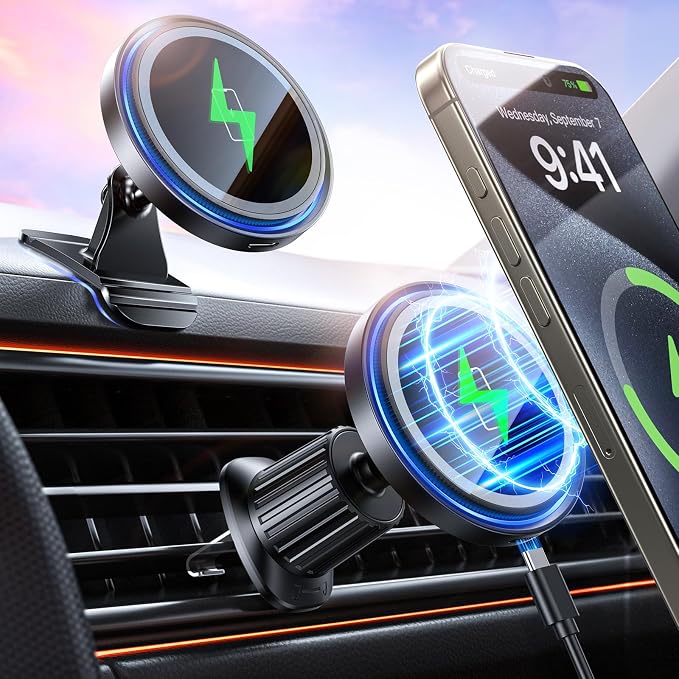 Magnetic Car Mount Charger 15W Magnetic Wireless Car Charger for iPhone 17 Accessories Magnetic Phone Holder for Car 3 in 1 Magnetic Car Mount for iPhone17Pro/16/15/14/13/12 Series Gifts for Men Women | N52 Strong Magnets, 360° Rotation, Dashboard & Ve... by FSHYOS