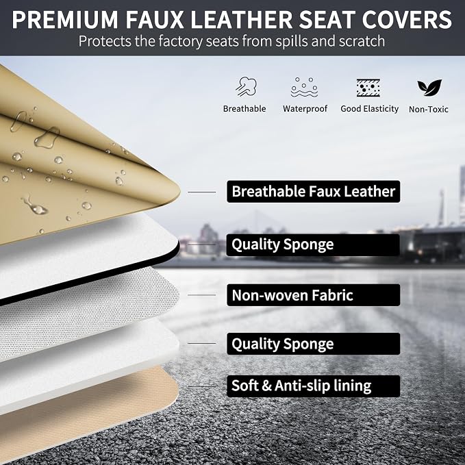 Beige Leather Seat Covers, 5 Seats Universal Car Seat Covers Full Set, Waterproof Automotive Seat Covers Breathable Front and Rear Seat Covers for Most Sedans SUVs Trucks - Image 7