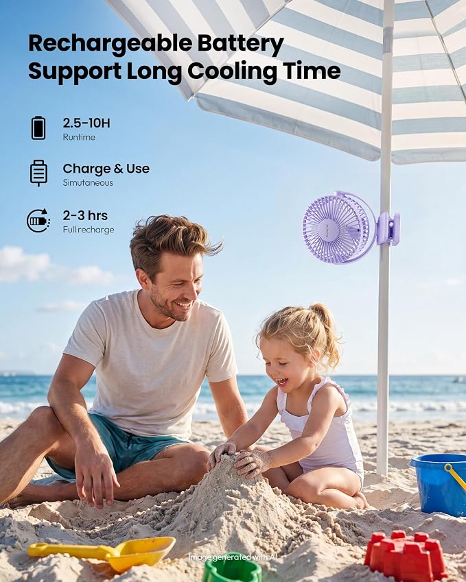 Gaiatop Portable Clip on Fan, Mini Personal Quiet Rechargeable Fan | Battery Operated, Small 3 Speed 360° Rotate, Cooling for Desk Table Home Office Stroller Camping Women Gifts Purple - Image 4